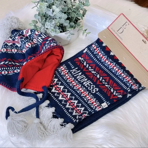 ♥️ELLEN DENGENERES hat and scarf fringe Pom Pom SET KINDNESS Navy Red Set - Picture 1 of 10